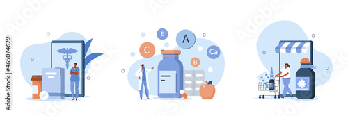 People buying pills, bottles, vitamins and other medicaments in online drugstore on smartphone. Pharmacy store and online medicine concept. Flat cartoon vector illustration and icons set.