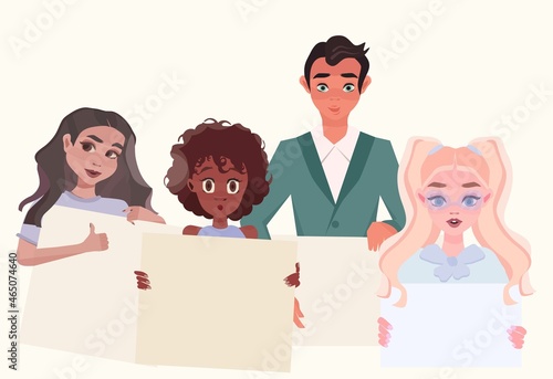 meeting of people with placard man and woman boy and girl