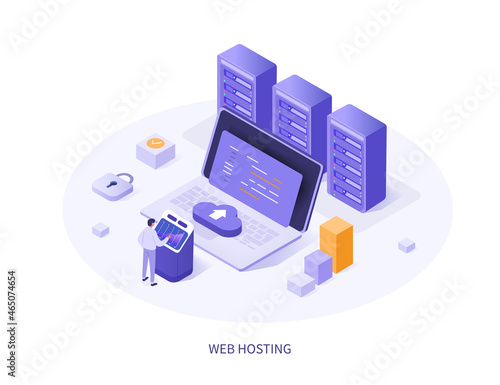 Character staying near control panel and managing files and data on cloud web server. Web hosting service with cyber security technology concept. Flat isometric vector illustration.