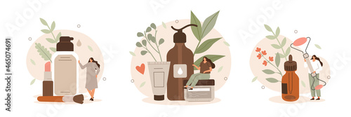 Girls taking care about beauty and health and using different natural cosmetic products. Essential oil, organic cleanser and massage stone. Flat cartoon vector illustration and icons set.