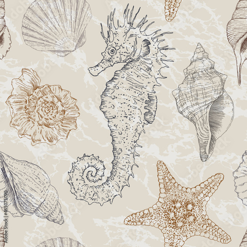 Marine vector hand drawn pattern with sea shells, stars, seahorse and coral. Highly detailed. Perfect for textiles, wallpaper and prints.