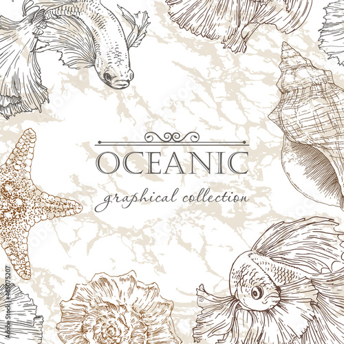 Decorative vector frame with fish, seashells and starfish. Perfect for cards, invitations and photo design.