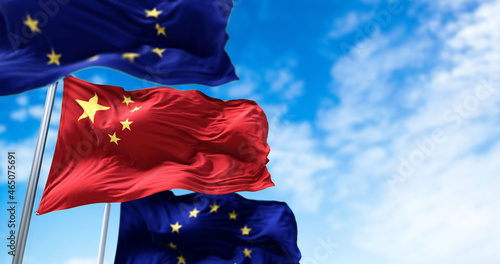 Photography The flags of China and the European Union waving