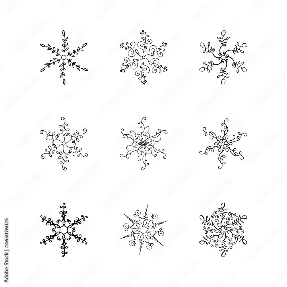 Bundle of Christmas vector calligraphic snowflakes. Hand drawn set icon in trendy flat style isolated on white background. Xmas snow winter illustration Bundle of Christmas vector calligraphic snowflakes. Hand drawn set icon in trendy flat style isolated on white background. Xmas snow winter illustration