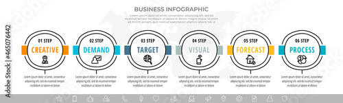Vector minimal line infographics with circles. Hand-drawn business timeline 6 steps by step. Flat template with six ways for chart, diagram, flowchart, app
