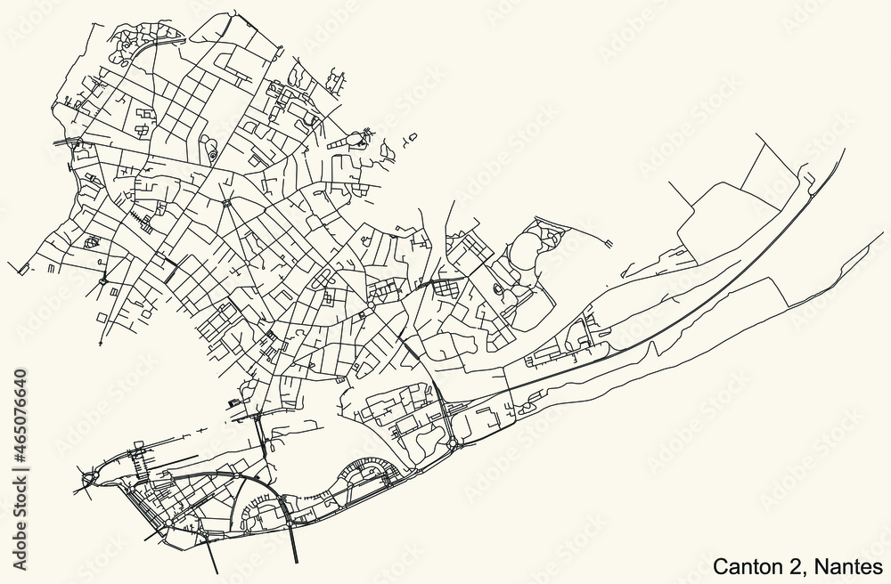 Detailed navigation urban street roads map on vintage beige background of the quarter Canton-2 district of the French capital city of Nantes, France