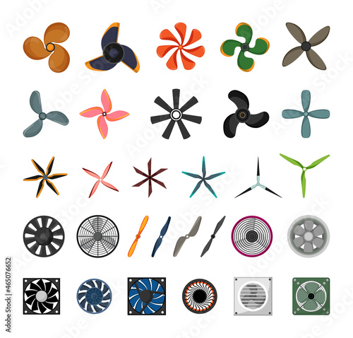 Set of fans, propellers and blades. Icons isolated on white background.
