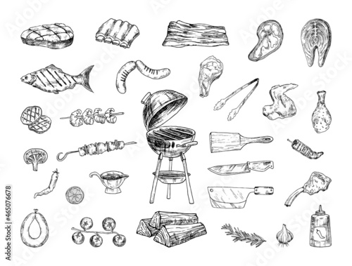Collection of monochrome illustrations of barbecue in sketch style. Hand drawings in art ink style. Black and white graphics.