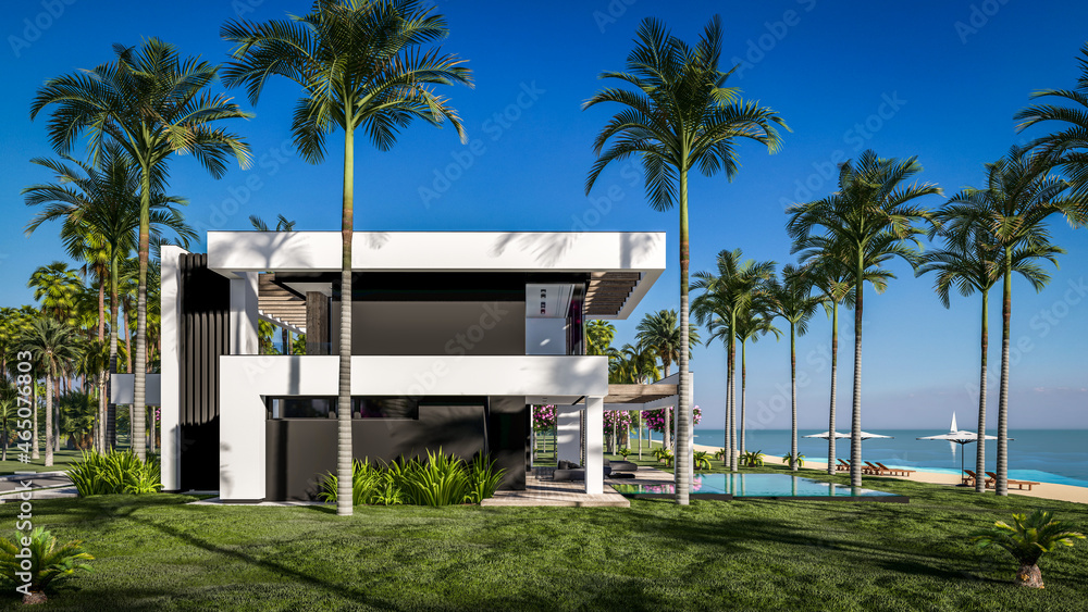 3d rendering of modern cozy house with pool and parking for sale or rent in luxurious style by the sea or ocean. Sunny day by the azure coast with palm trees and flowers in tropical island