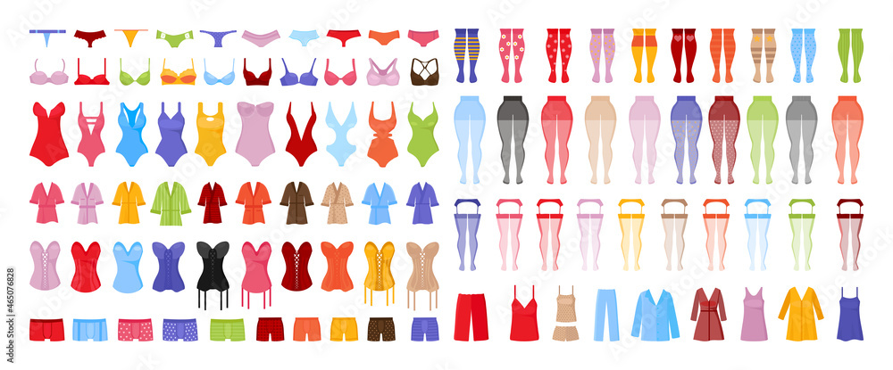underwear; man; woman; set; collection; vector; illustration; design; style; art; flat; colorful; object; isolated; element; panties; clothing; lady; slim; bikini; textile; lingerie; bra; girl; female