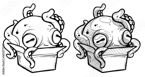 Cartoon funny spooky alien octopus with tentacles, cute eyes sitting in paper box. Halloween vector sketch on white background.