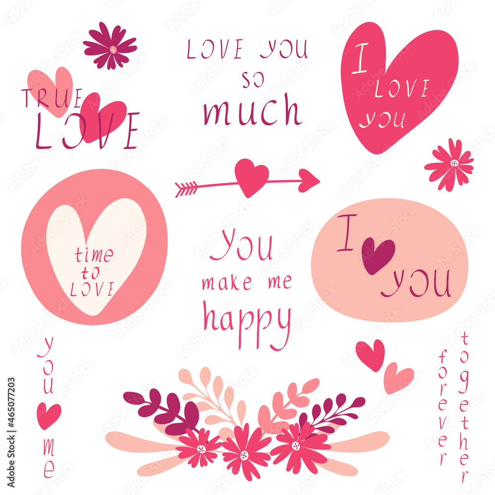 Romantic Love you lettering calligraphy hand draw written set. I Love you phrases. Love expressions. Typography I Love you postcard.
