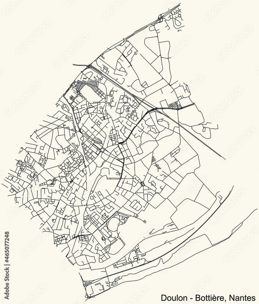 Detailed navigation urban street roads map on vintage beige background of the Quartier Doulon - Bottière district of the French capital city of Nantes, France