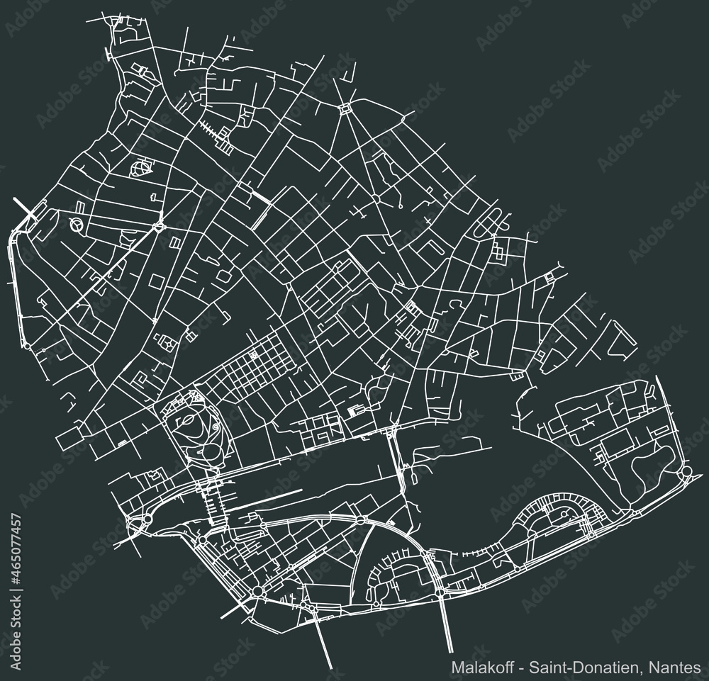 Detailed negative navigation urban street roads map on dark gray background of the Quartier Malakoff - Saint-Donatien district of the French capital city of Nantes, France