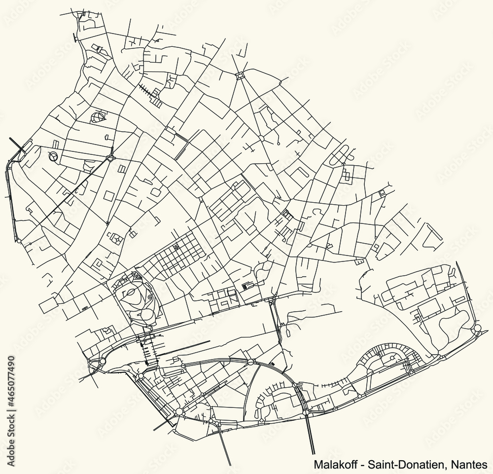 Detailed navigation urban street roads map on vintage beige background of the Quartier Malakoff - Saint-Donatien district of the French capital city of Nantes, France