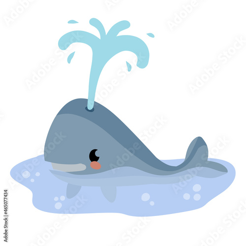 Cute funny whale with water fountain in sea or ocean. Marine animal. Funny blue sperm whale. Children drawing in Scandinavian style