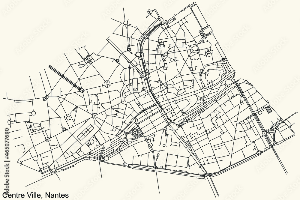 Fototapeta premium Detailed navigation urban street roads map on vintage beige background of the Quartier Centre-ville district of the French capital city of Nantes, France