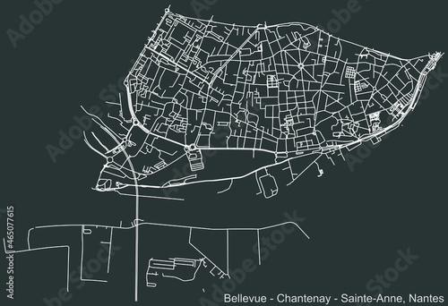 Detailed negative navigation urban street roads map on dark gray background of the Quartier Bellevue - Chantenay - Sainte-Anne district of the French capital city of Nantes, France