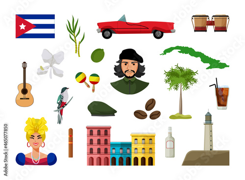 Vector objects associated with Cuba. Illustrations of Cuba landmarks in modern flat style.