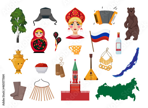 Vector objects associated with Russia. Illustrations of Russian landmarks in modern flat style.