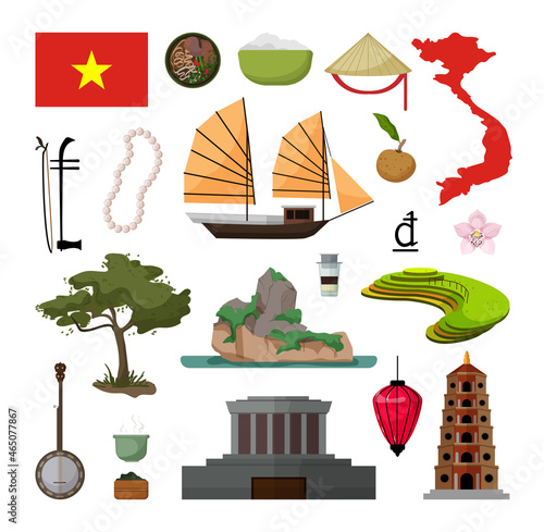 Vector objects associated with Vietnam. Illustrations of vietnamese landmarks in modern flat style.