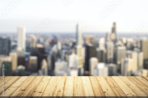 Table top made of wooden dies with beautiful blurry cityscape on background  mockup