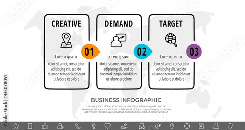 Vector line infographics with three rectangles and arrows. Flat chart process template with 3 icons. Modern timeline for business project, presentation, web, diagram, content