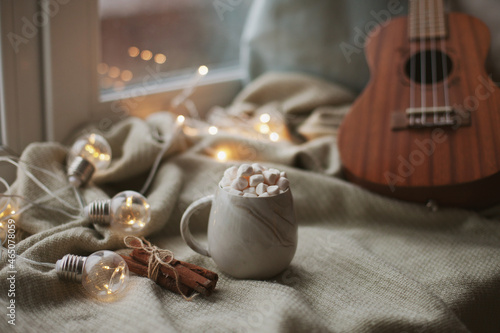 Canvas-taulu Hot cocoa with marshmallows and cinnamon sticks with christmas lights and ukulel