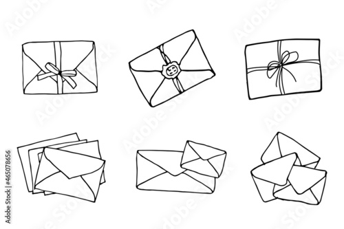Mail icons collection, closed envelopes, email symbol. Sketch letter set. Hand drawn doodle cartoon style. Vector drawing illustration. Letter icon. Closed outline envelope