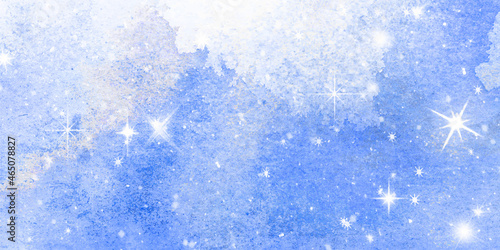 Winter snow watercolor background. White abstract vector texture. Blue sky with falling snow, snowflake. Fantazy design template. Backdrop with a cold light landscape