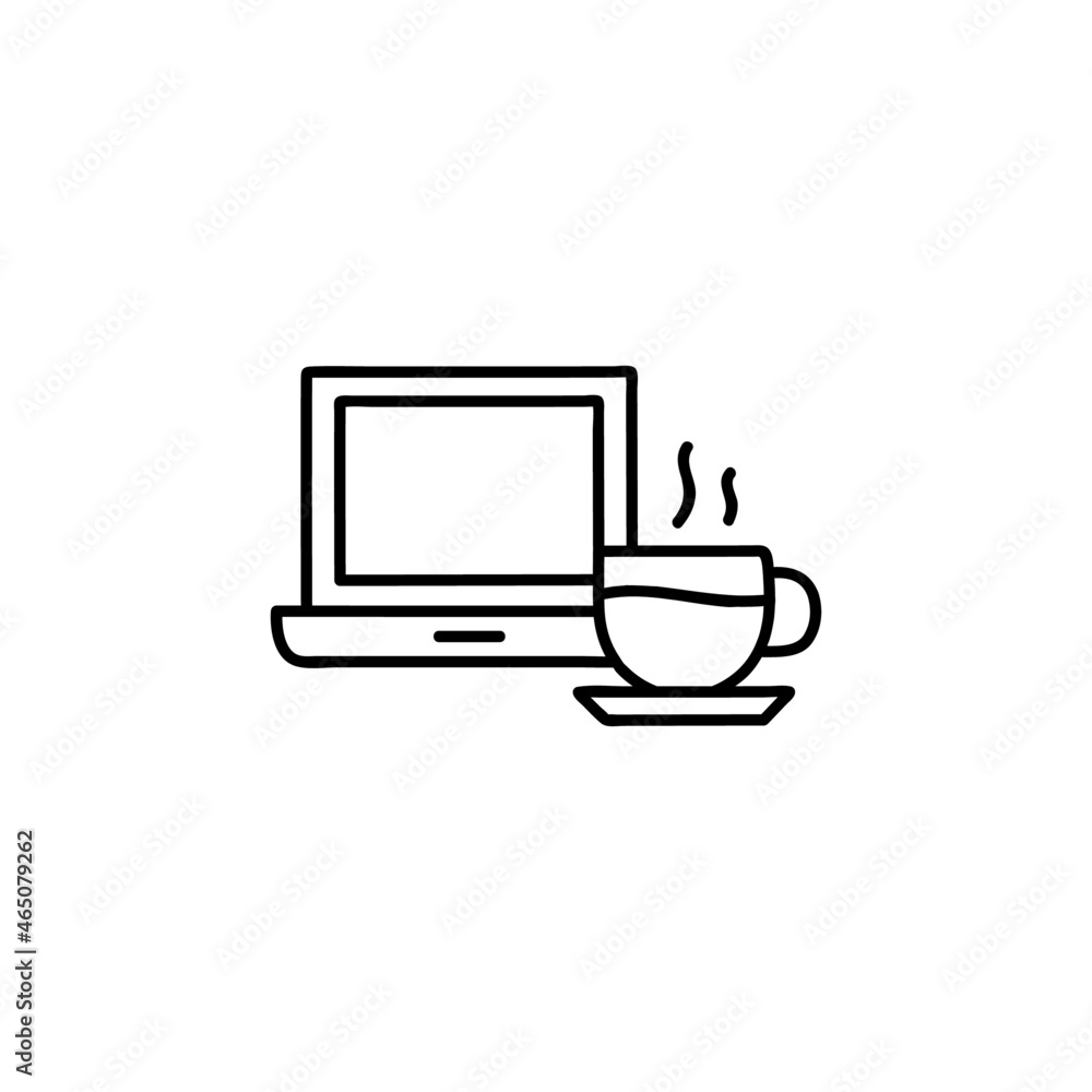 coffee cup and laptop icon in flat black line style, isolated on white coffee cup and laptop icon in flat black line style, isolated on white