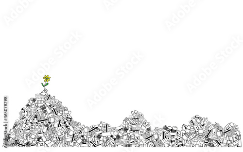 Flower on a heap of rubbish. Symbolic background of environmental protection. Illustration on the topic of ecology and environmental protection. Garbage and non-recyclable waste.