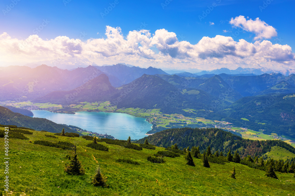 Obraz premium View of Wolfgangsee lake from Schafberg mountain, Austria. Wolfgangsee Lake from alp mountain Schafberg. Sankt St. Wolfgang im in Salzkammergut, Ried, Salzburgerland, Austria.