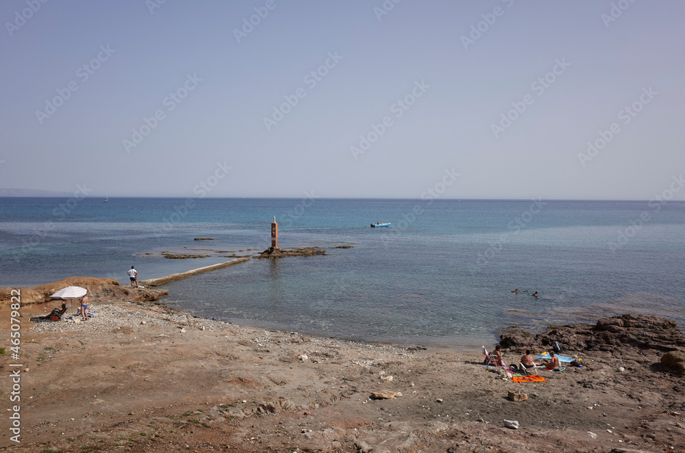 Portopalo di Capopassero , Italy - September 18, 2021 : View of Scalo Mandrie beach Portopalo di Capopassero , Italy - September 18, 2021 : View of Scalo Mandrie beach