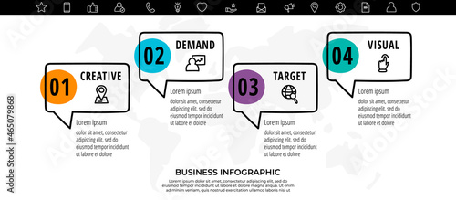 Hand drawn vector modern infographics with dialog box and circle. Business timeline four steps by step. Line template with 4 ways for chart, diagram, flowchart, app, graphic