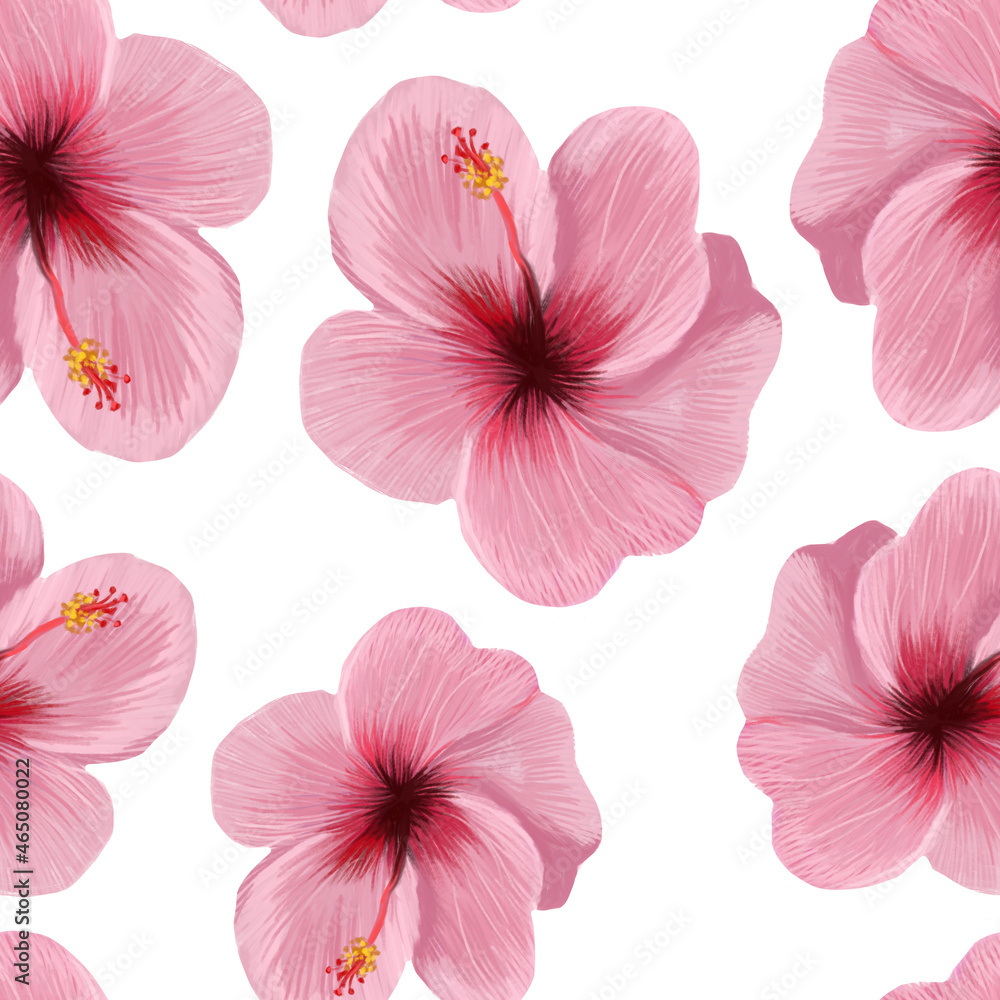Hibiscus seamless pattern on an isolated white background. Tropical pink flower. Summer time. Raster illustration in style of realism.