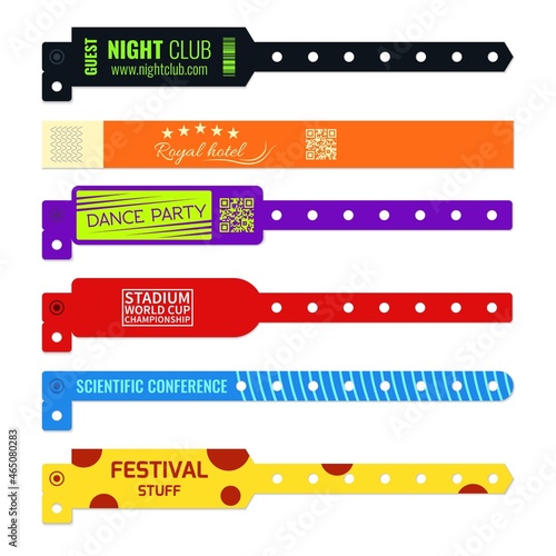 Event bracelet. Bright designs wristbands, events visitors entrance control, conference, festival and party pass, wrists marks, entry tickets template vector realistic isolated set