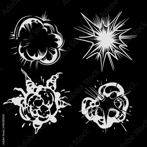 Explosion cartoon. Energy blast, smoke cloud, white fire flash isolated on black background. Atomic bomb or dynamite detonation, burst sparks effect, comics boom and bang vector set