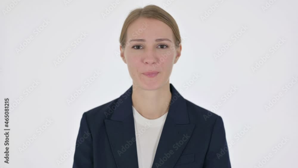 Young Businesswoman Waving, Welcoming on White Background Young Businesswoman Waving, Welcoming on White Background