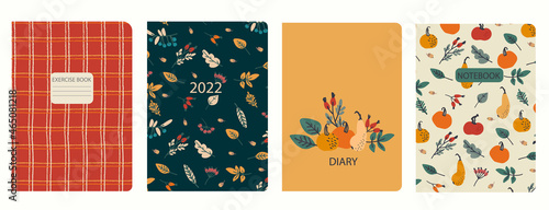 Cover page templates based on patterns with pumpkins, berries, leaves, and plaid pattern. Thanksgiving concept. Backgrounds for notebooks, notepads, diaries. Headers isolated, replaceable