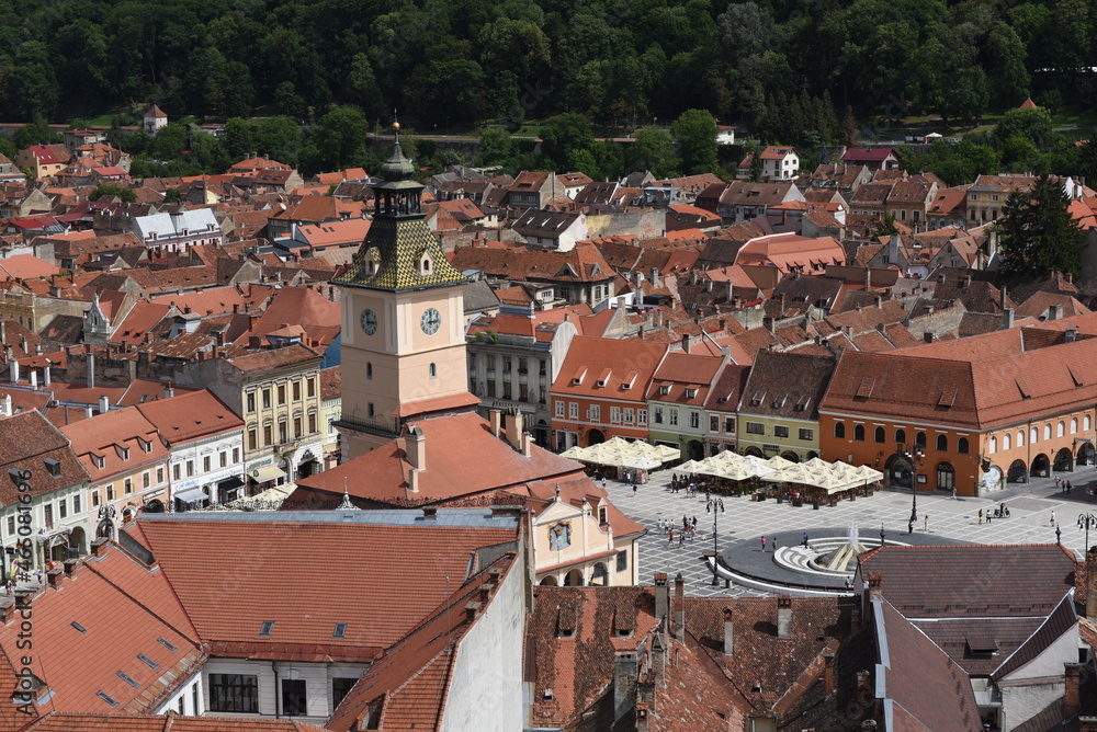 Aerial view of the old town of romanian city brasov taken from the white tower.
