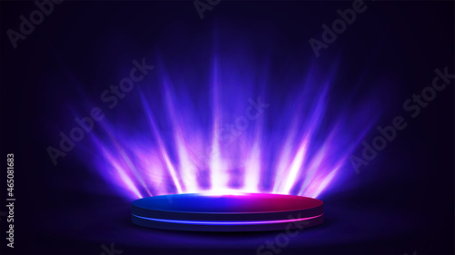 Empty blue and pink podium for product presentation, 3d realistic vector neon illustration. Digital podium with lighting of spotlights