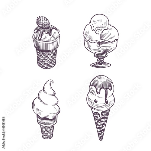 Sketch style ice cream. Retro waffles cone and frozen creamy desserts and sundae. Cold summertime food with strawberry and chocolate, cafe or restaurant menu vintage vector isolated set