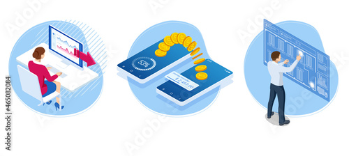 Isometric Business to Business Marketing, B2B Solution, business marketing concept. Person paying with mobile phone, mobile phone with application for send and receive money