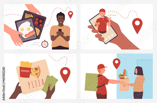 Fast food delivery service vector illustration set. Cartoon courier character delivering pizza, meal parcel box from store, cafe or restaurant. Express free shipping to address for orders concept