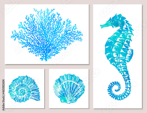 Set of sea elements in blue watercolor style: seashells, starfish, seahorse, coral. Composition of llustrations on wall in white frames