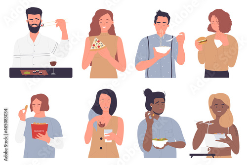 People eat fast food set vector illustration. Cartoon hungry woman characters eating fastfood snacks on lunch or breakfast, sushi pizza noodles burger nuggets cookies cereal salad isolated on white