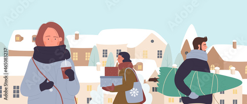 People shopping on eve of winter holidays vector illustration. Cartoon man carrying Christmas tree, woman walking with gift boxes, girl in warm clothes and scarf drinking coffee on snow street