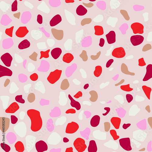 Pink terrazzo pattern.
Seamless stone material background.
Rounded shapes texture.