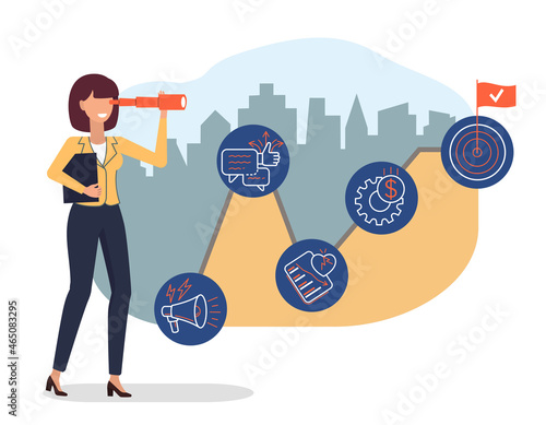 Business analytics concept. Business woman watching spyglass. Hype cycle illustration on cityscape background.